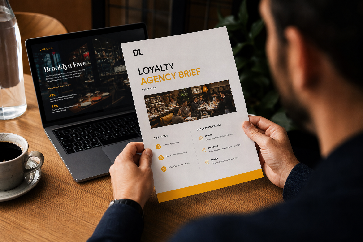 A hospitality operator reviewing a printed loyalty agency brief on a restaurant table with a coffee and a laptop