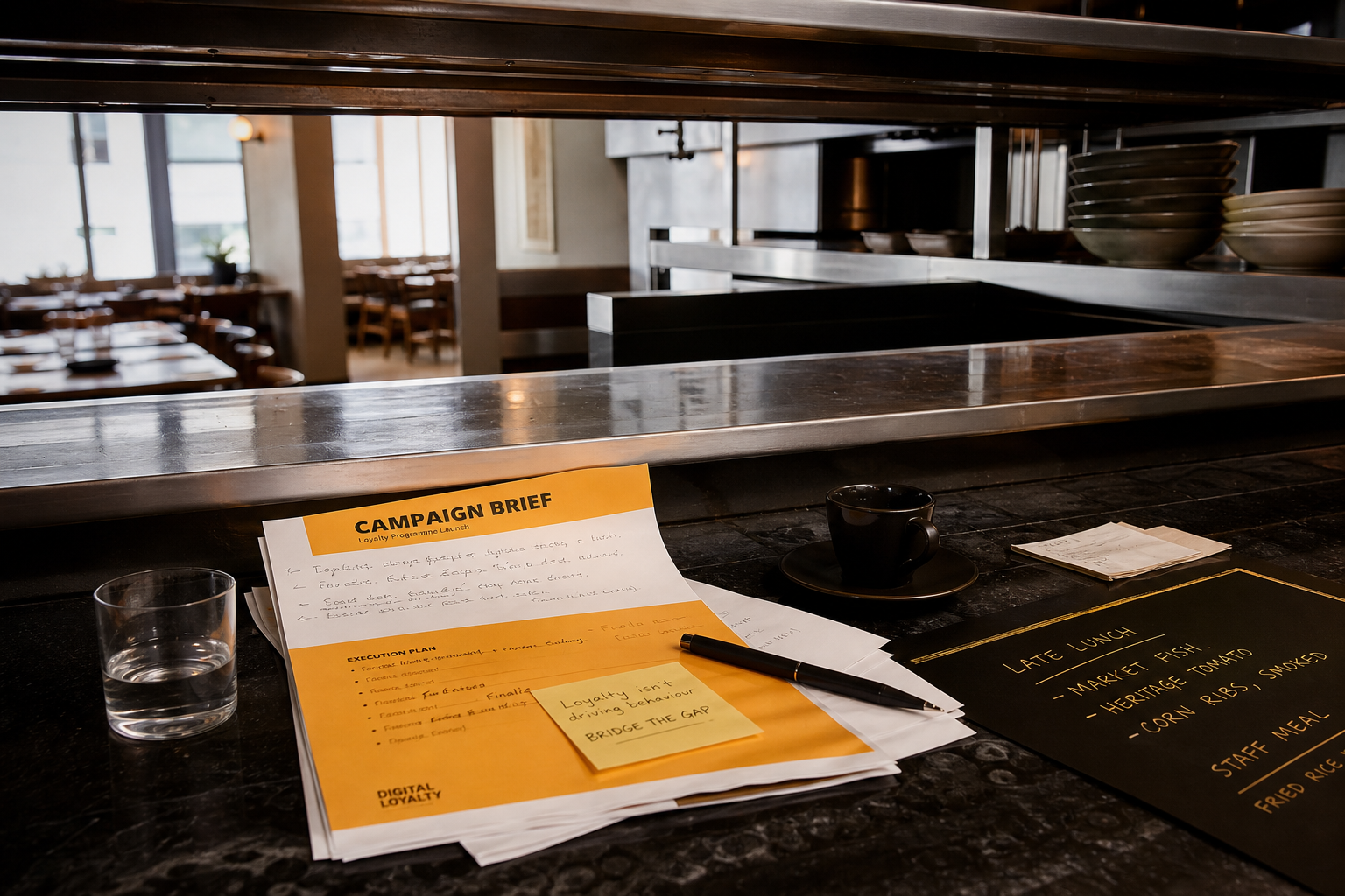 An empty restaurant pass at 3pm with a half-finished campaign brief on the bar, illustrating the loyalty execution gap