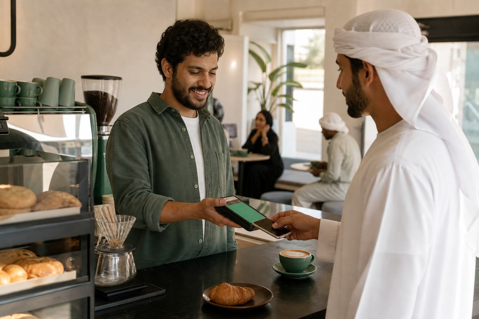 عامل مقهى مستقل يمرّر بطاقة ولاء رقمية على شاشة صغيرة عند الكاشير