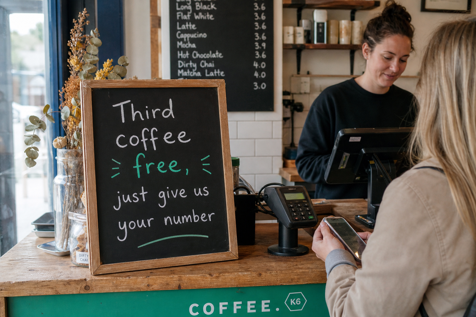A handwritten chalkboard sign next to a coffee till reading 'Third coffee free, just give us your number'