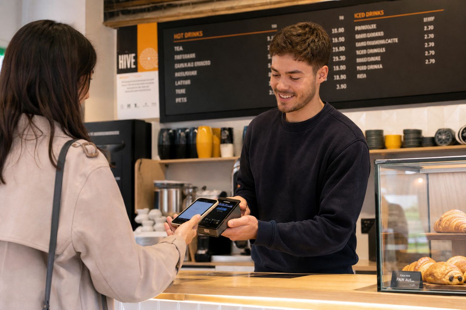 A cafe counter at mid-morning with a customer tapping a wallet pass on a phone against a staff scanner