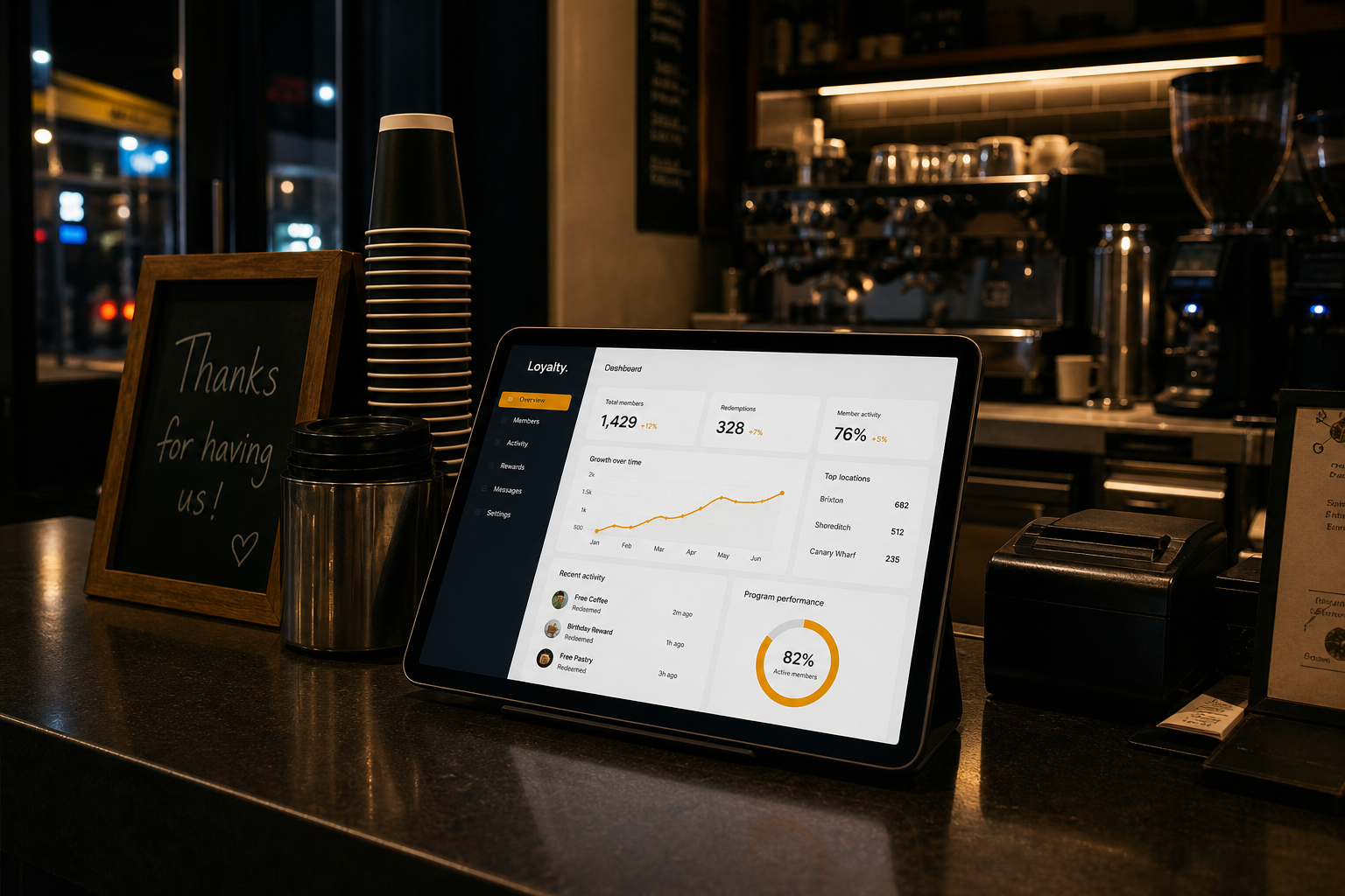 A dimly lit cafe counter at closing time with an unread tablet showing a loyalty dashboard