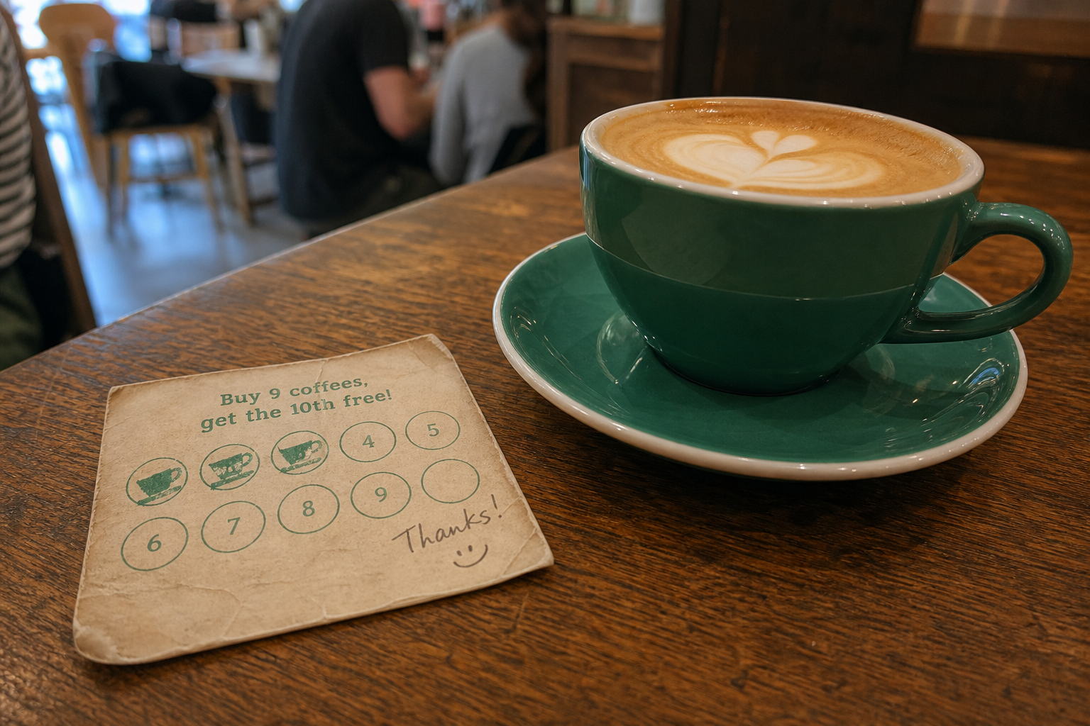 A handwritten stamp card next to a flat white on a wooden cafe counter, edges curled from use
