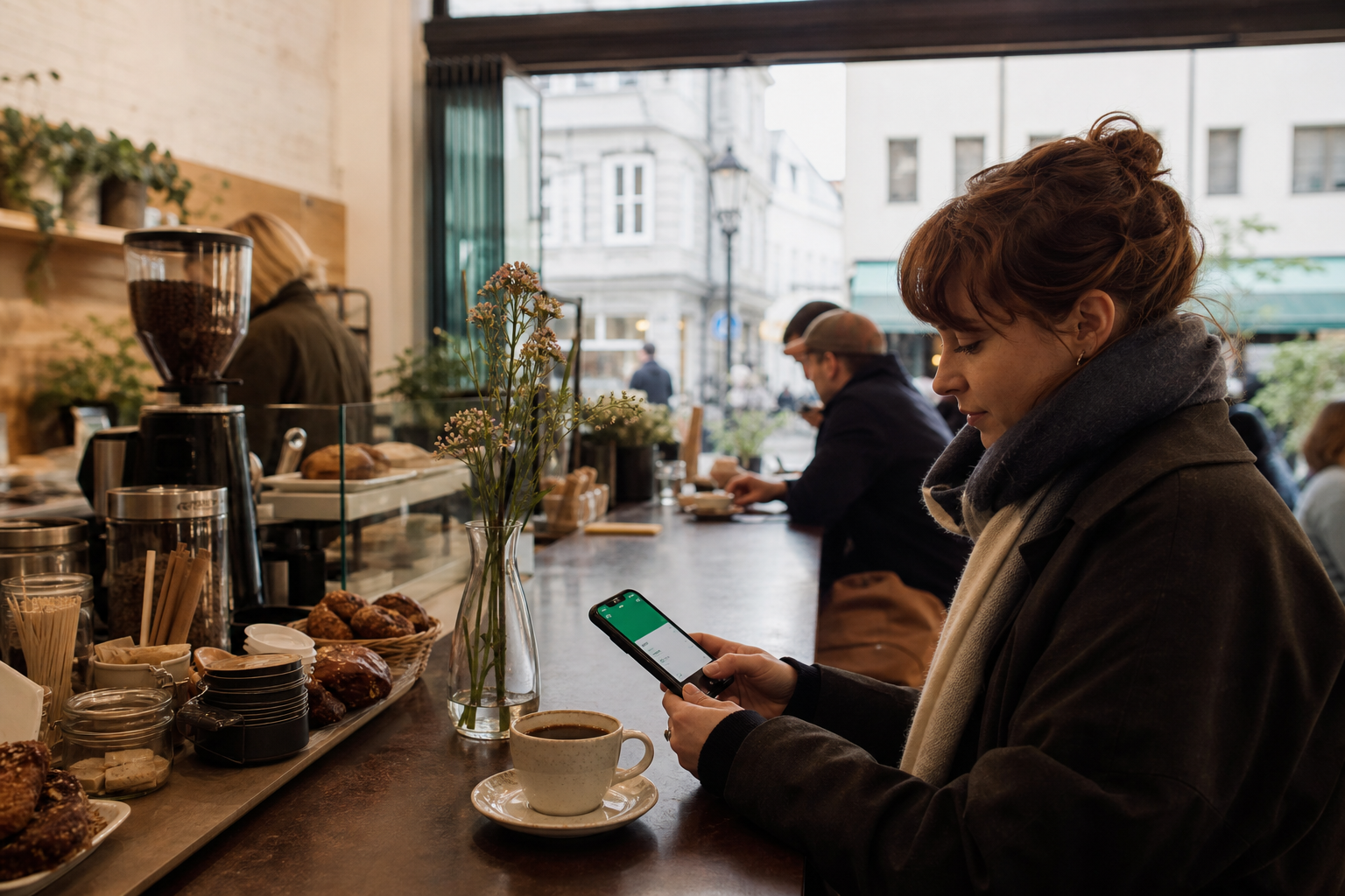 Tresen in einem kleinen Café mit Tasse Filterkaffee und Smartphone, auf dem eine Wallet-Karte sichtbar ist