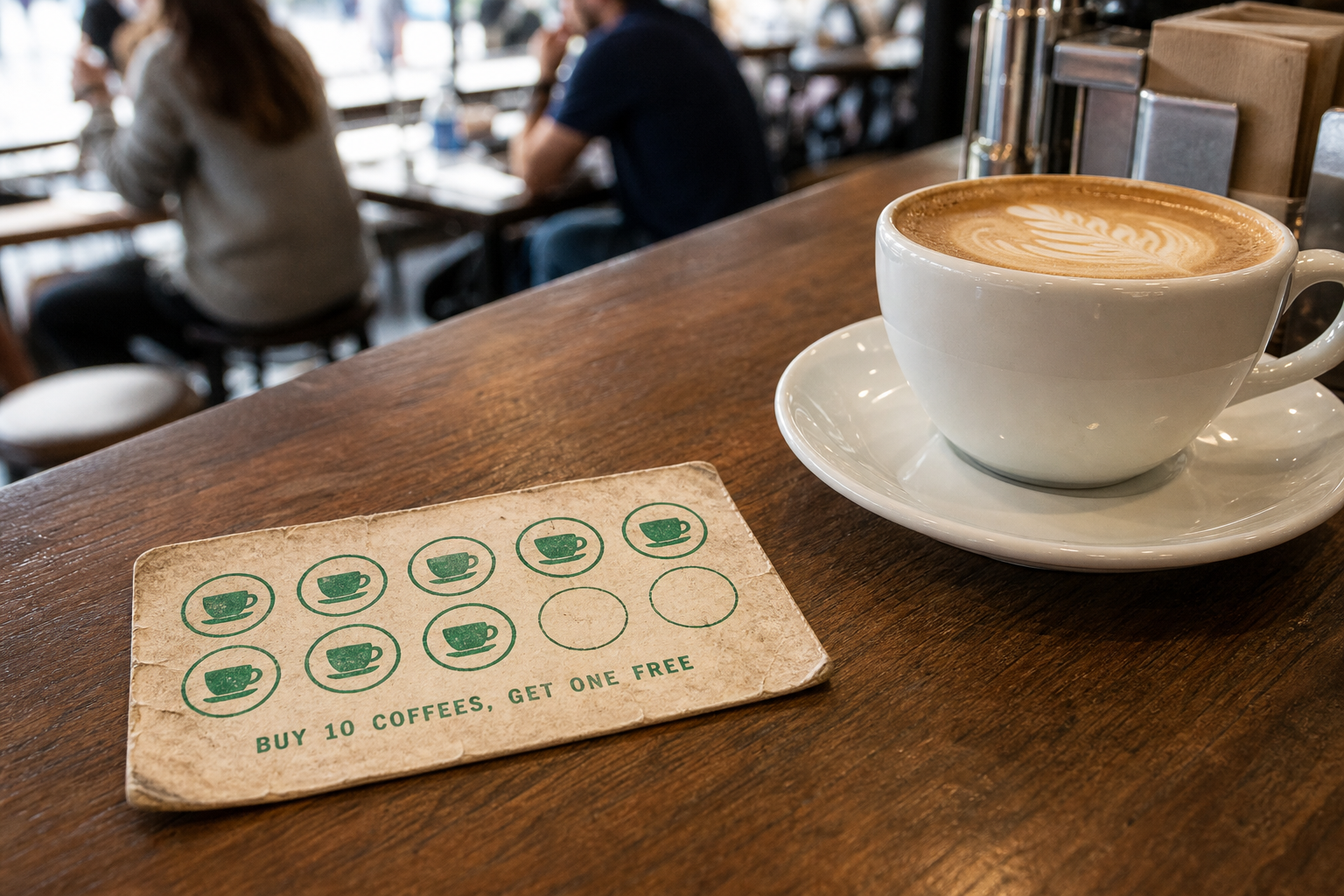A worn paper punch card with seven of ten stamps filled in, sitting on a wooden cafe counter next to a flat white