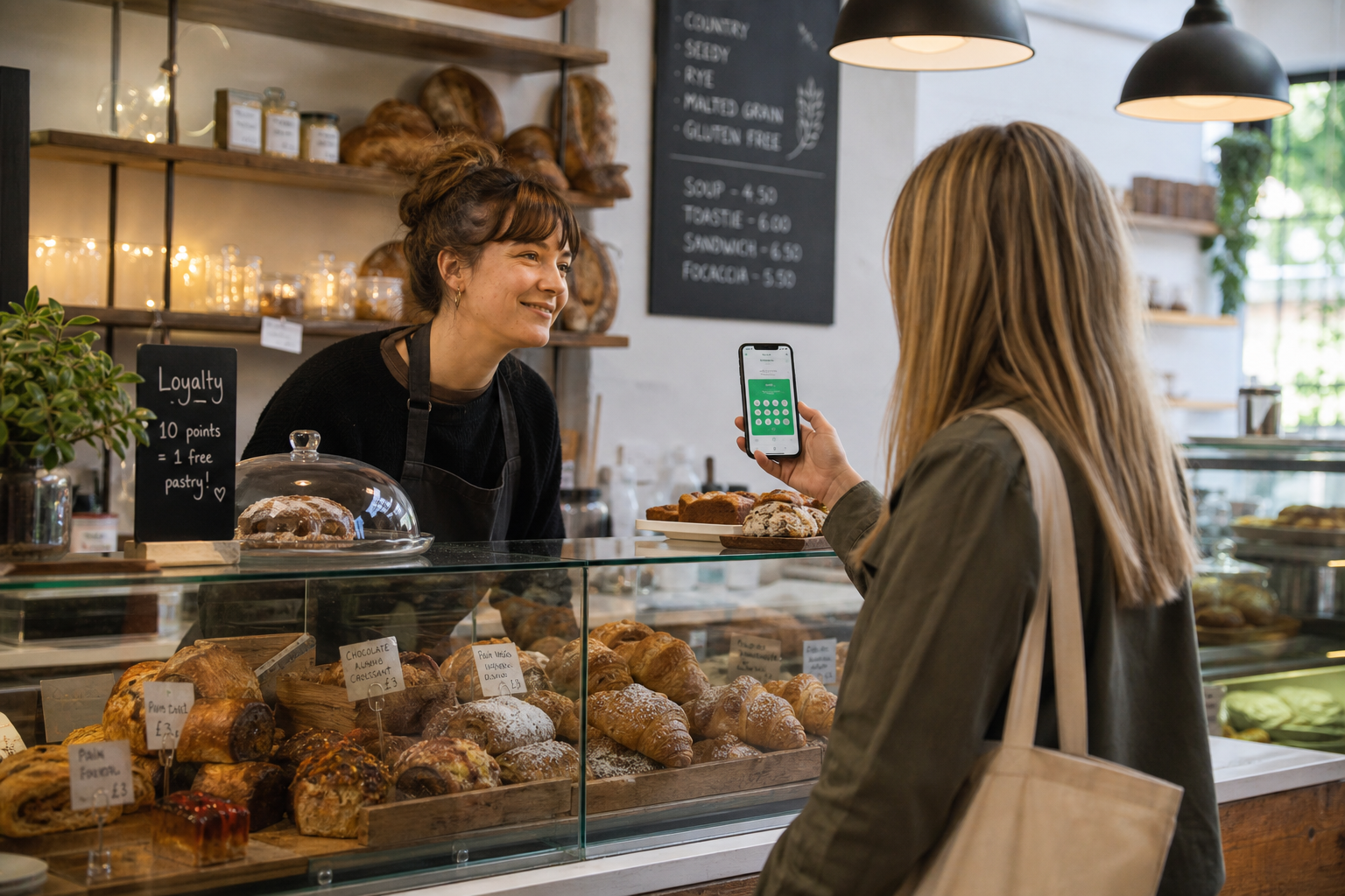 Independent bakery counter with a digital loyalty card displayed on a customer's phone wallet