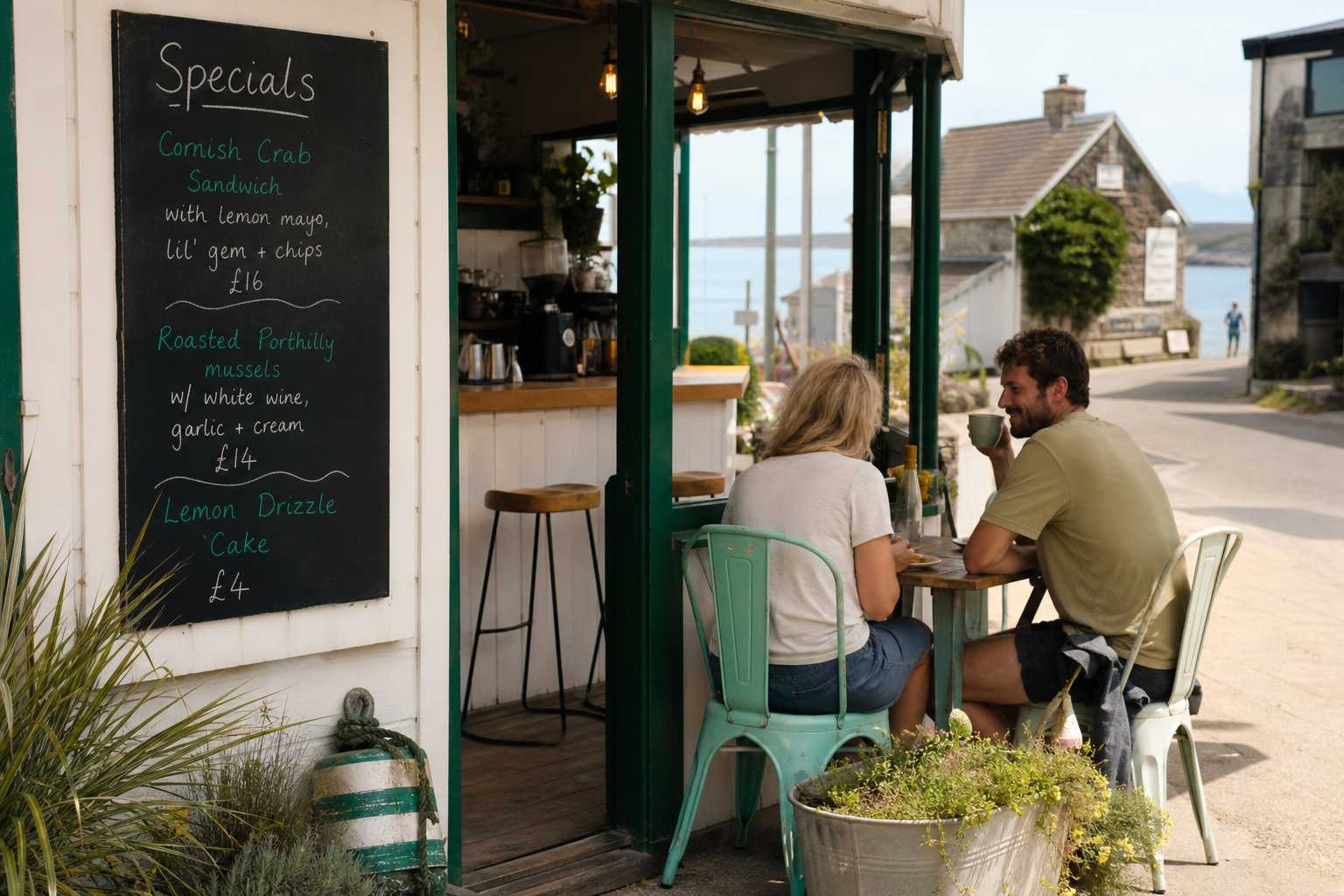 A small coastal cafe with a handwritten specials board, quiet outside a summer season