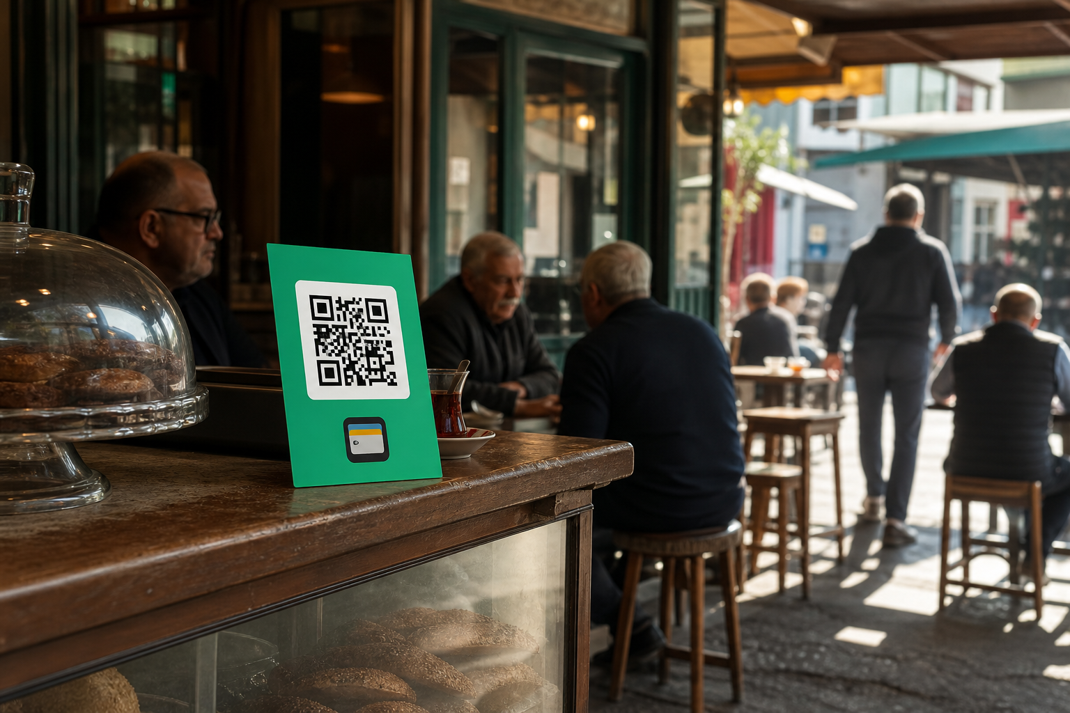 Mahalle kafesinde tezgah üstünde duran QR kodlu bir Apple Wallet sadakat kartı