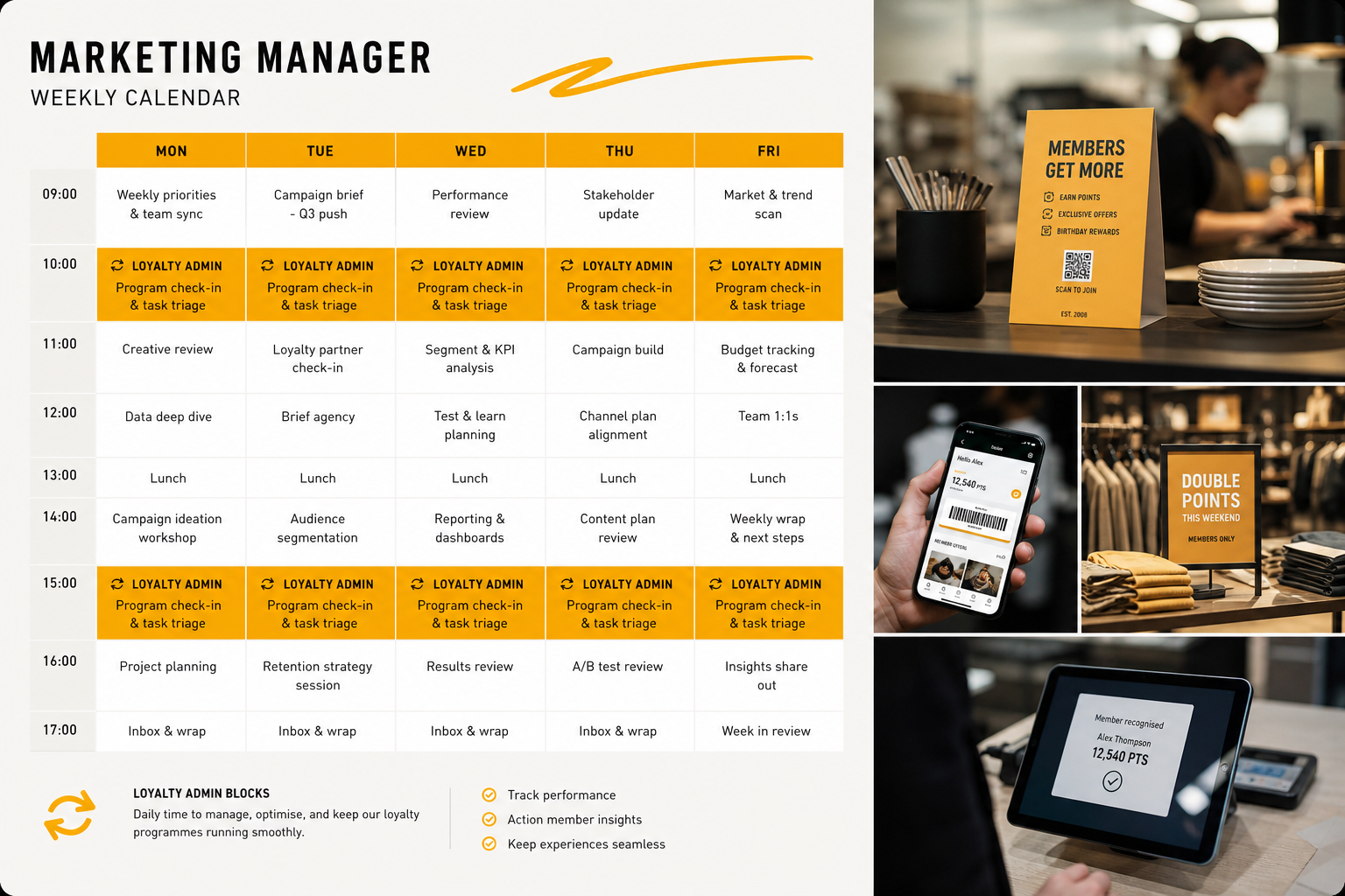 A marketing manager's weekly calendar with recurring loyalty admin blocks highlighted