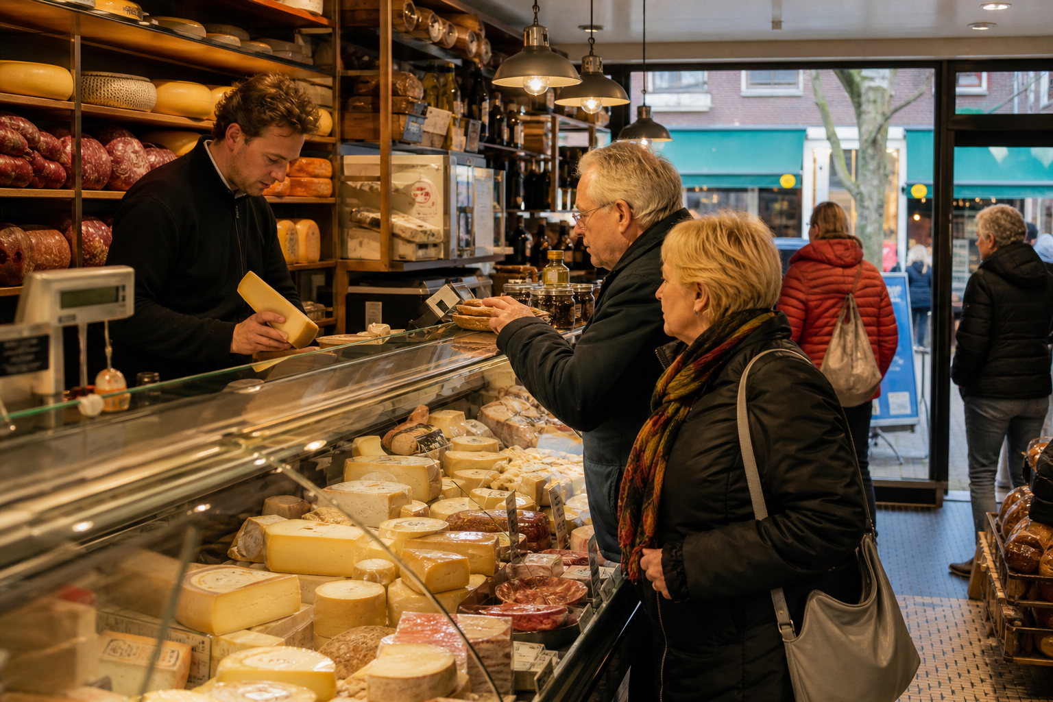 Toonbank van een Nederlandse delicatessenzaak met kaas, worst en handgeschreven prijskaartjes