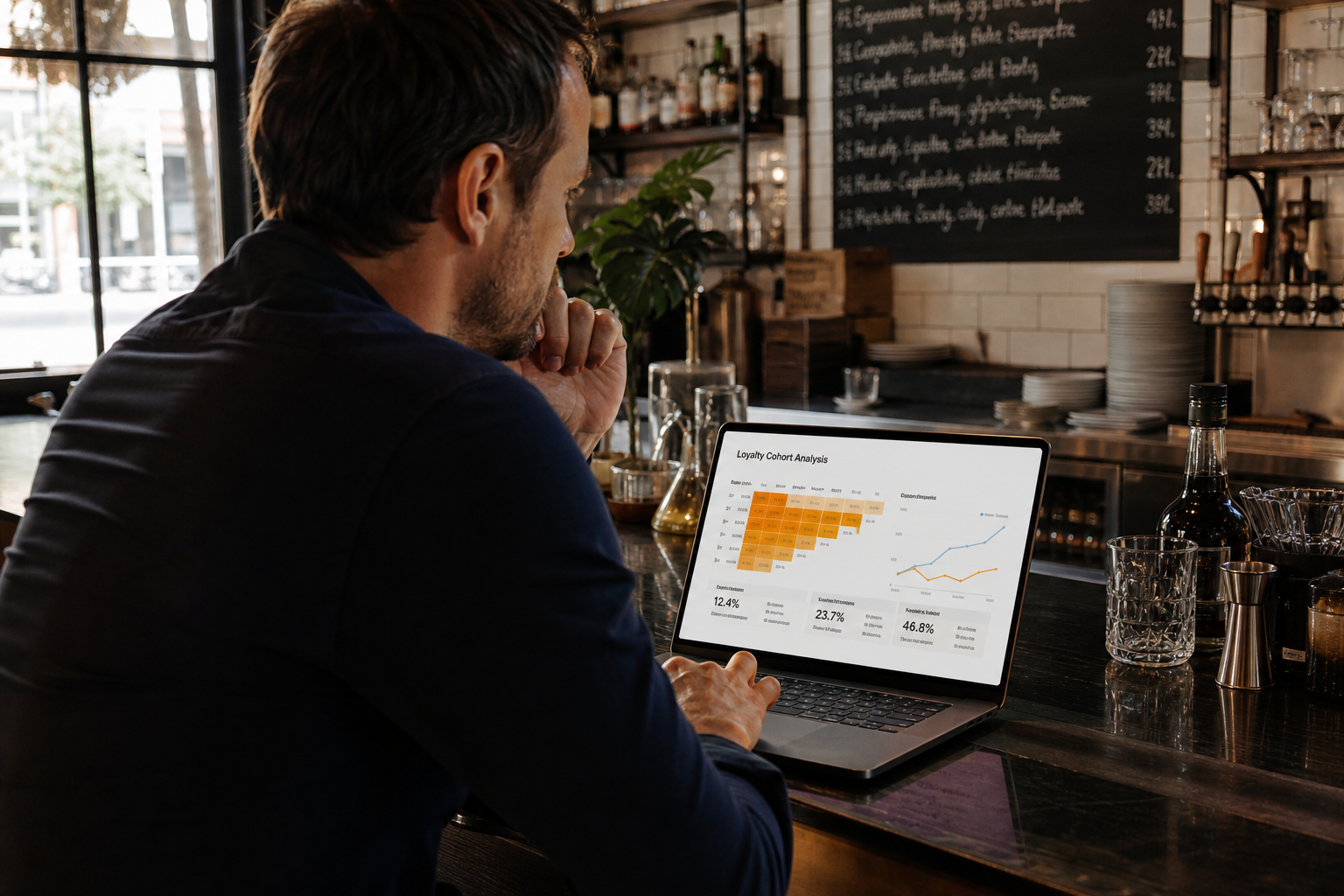 A restaurant operator reviewing a loyalty cohort report on a laptop at a quiet bar counter before service