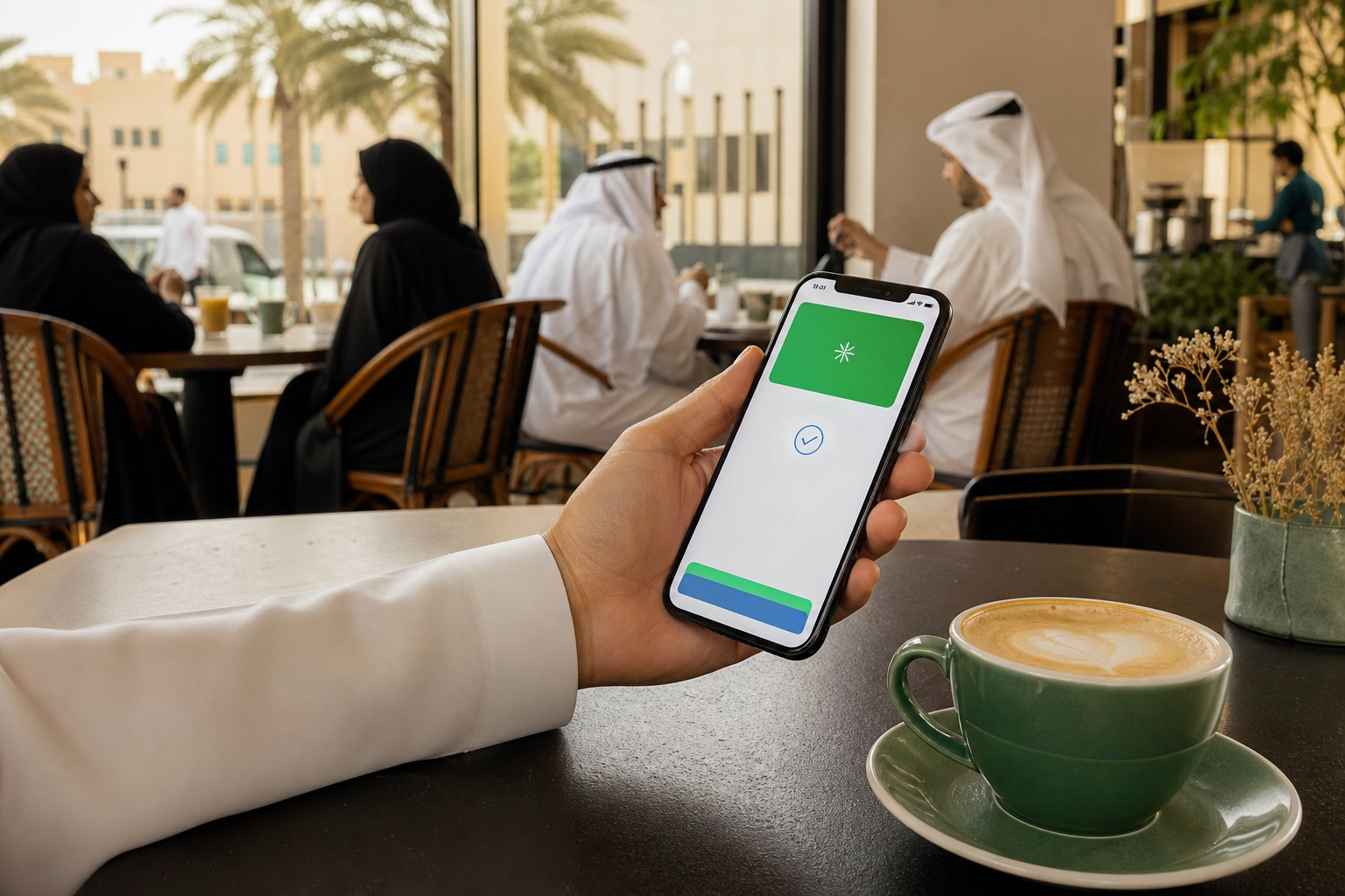 كوب قهوة بجانب هاتف يعرض بطاقة ولاء رقمية في محفظة آبل
