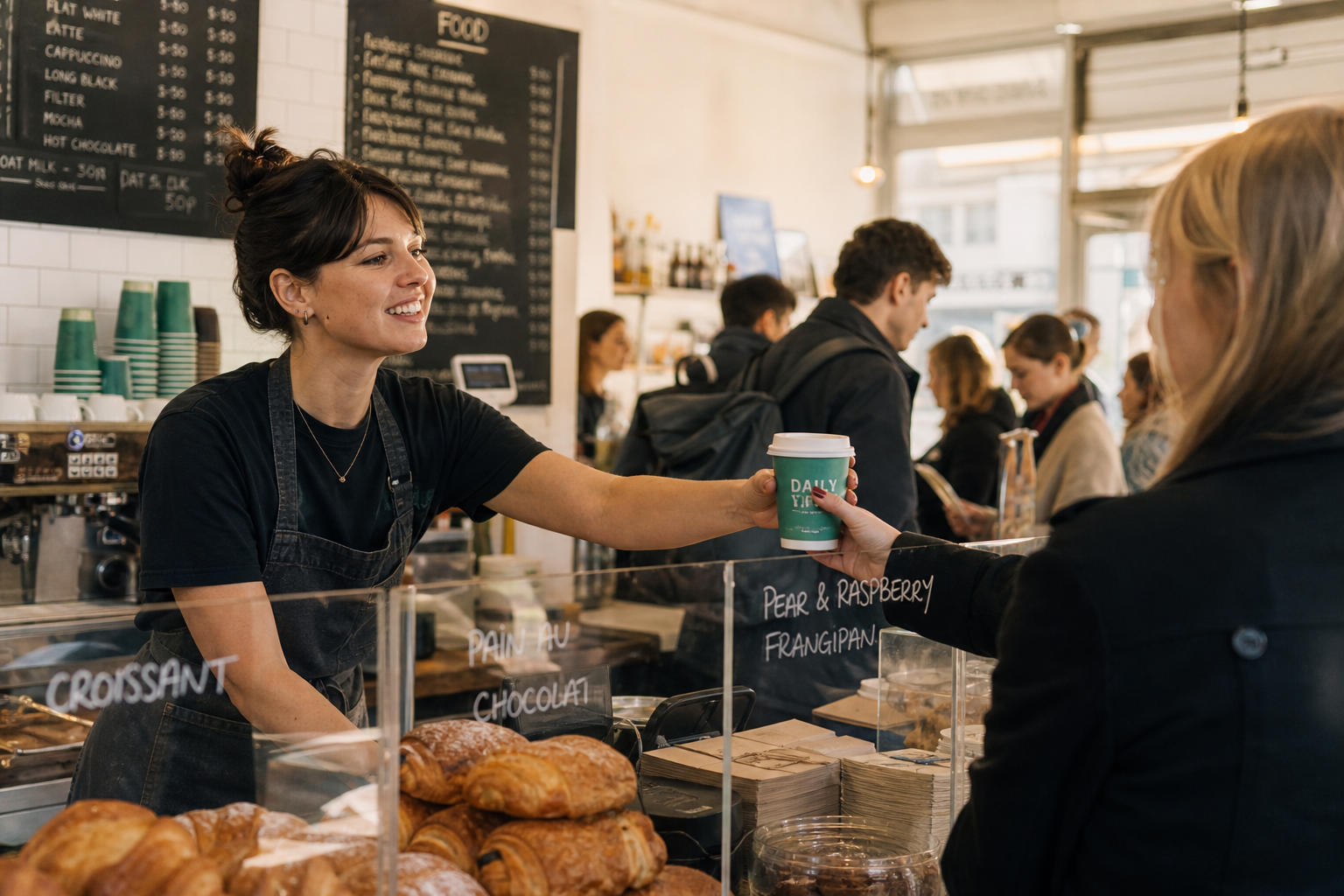 A barista handing a takeaway cup across a busy cafe counter during the morning rush