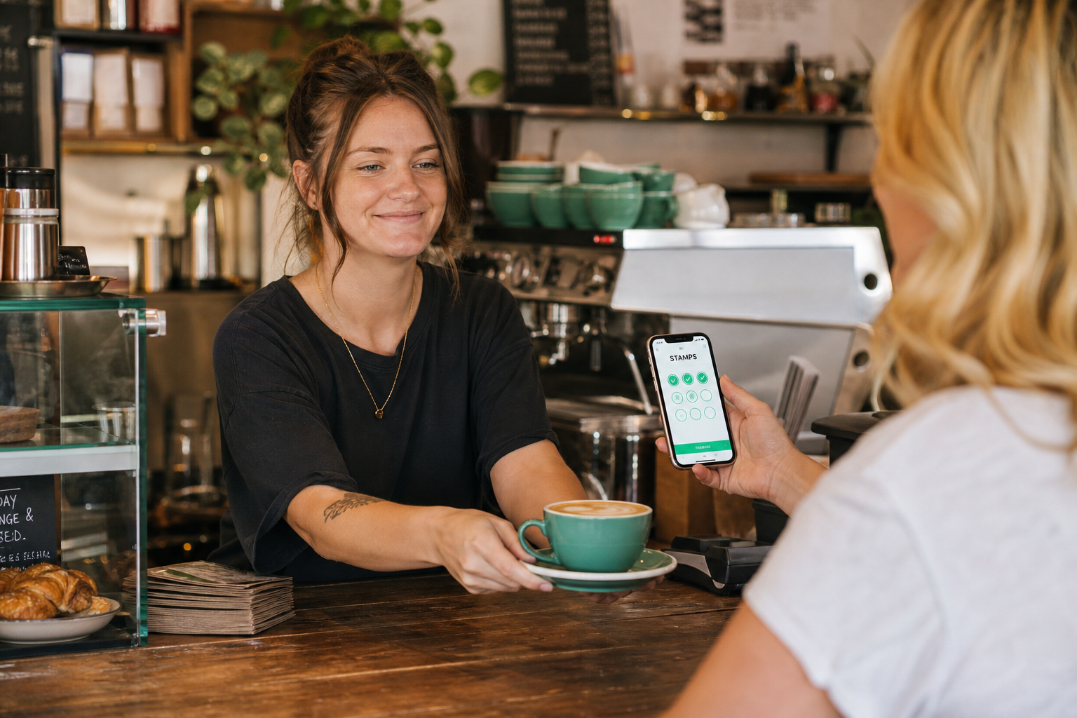 Barista handing a flat white across a wooden counter while a customer holds up their phone showing a stamp card