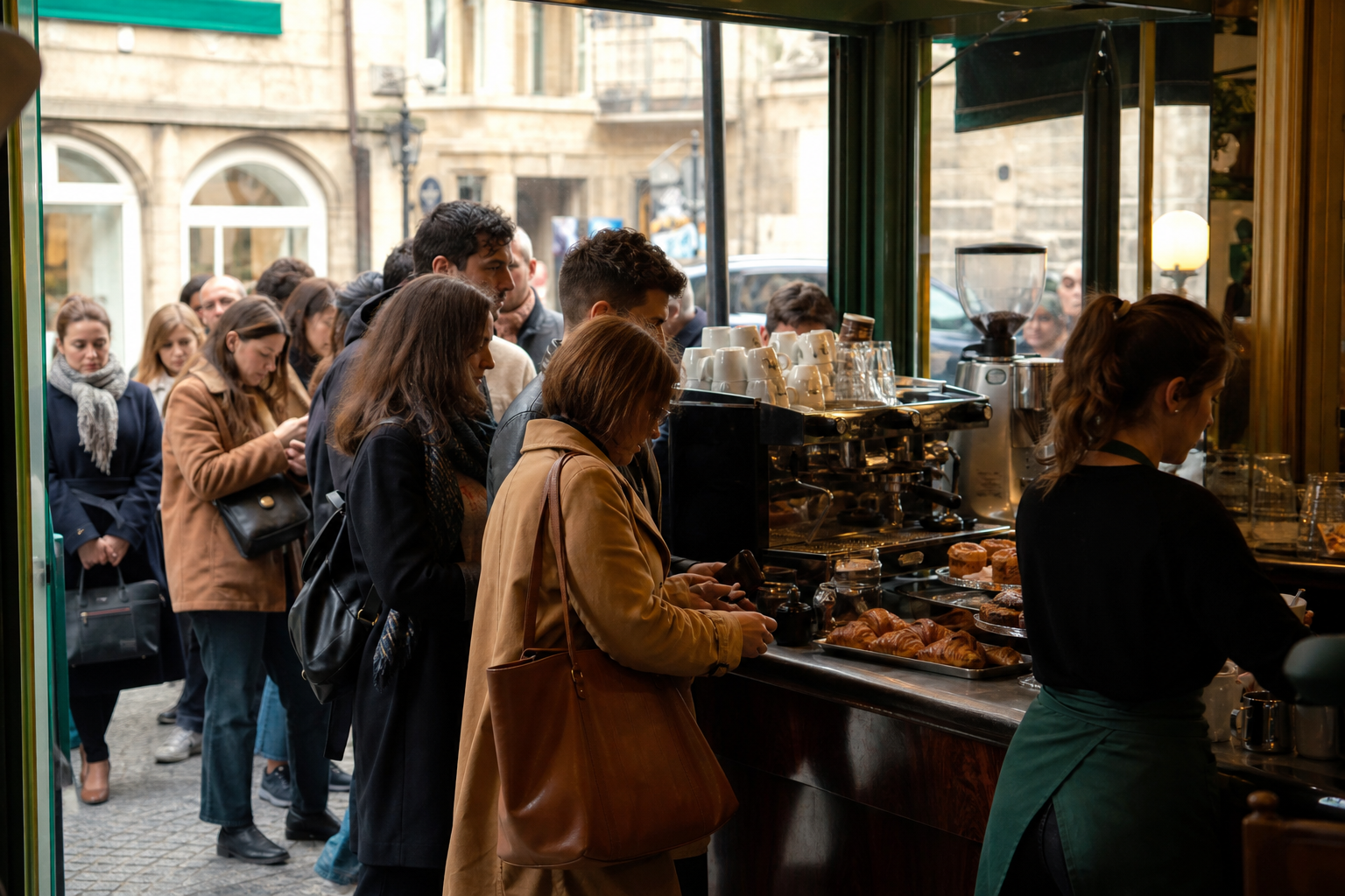 Comptoir d'un café parisien en heure de pointe matinale avec une file de clients