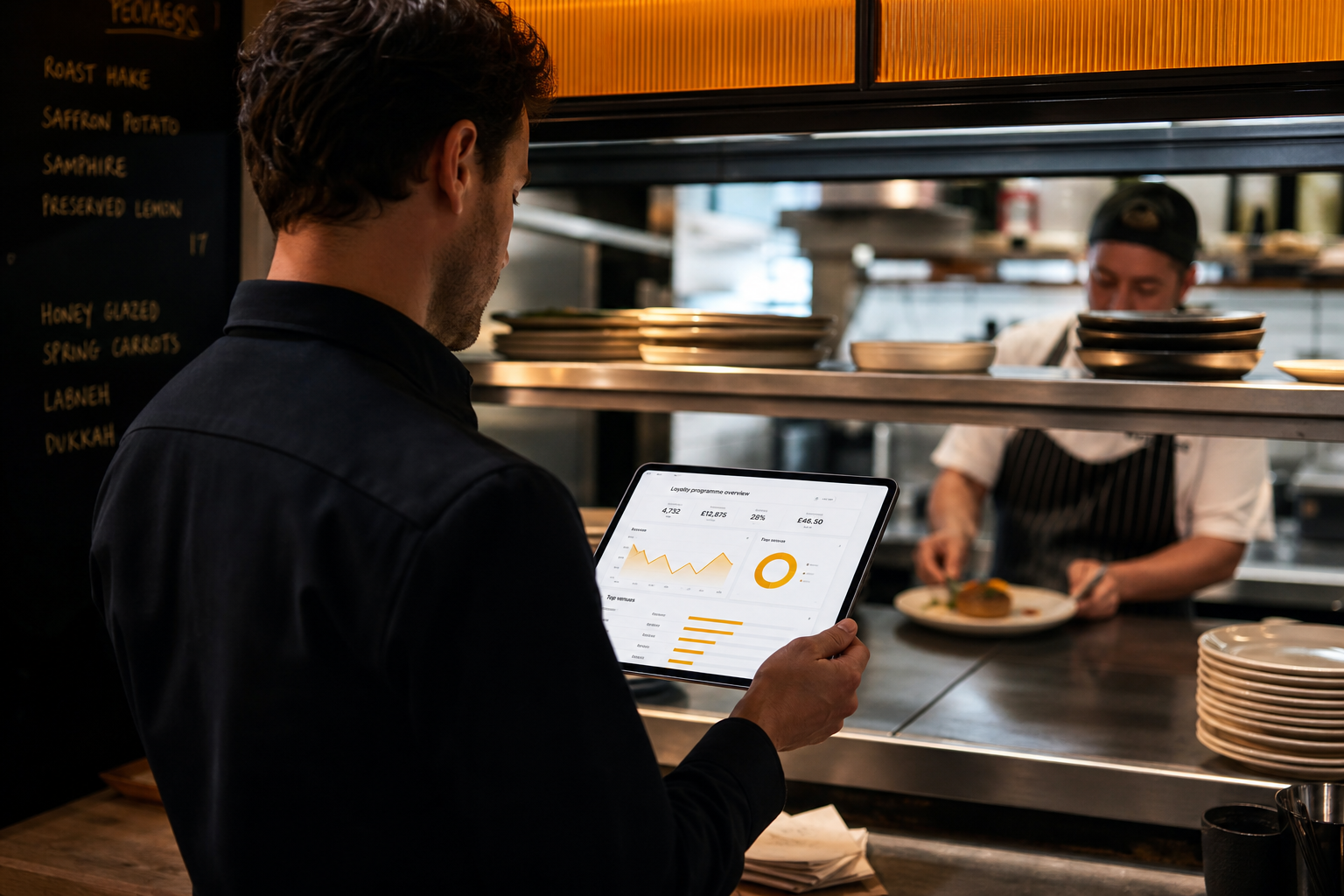 A hospitality operator reviewing loyalty programme performance on a tablet at a restaurant pass