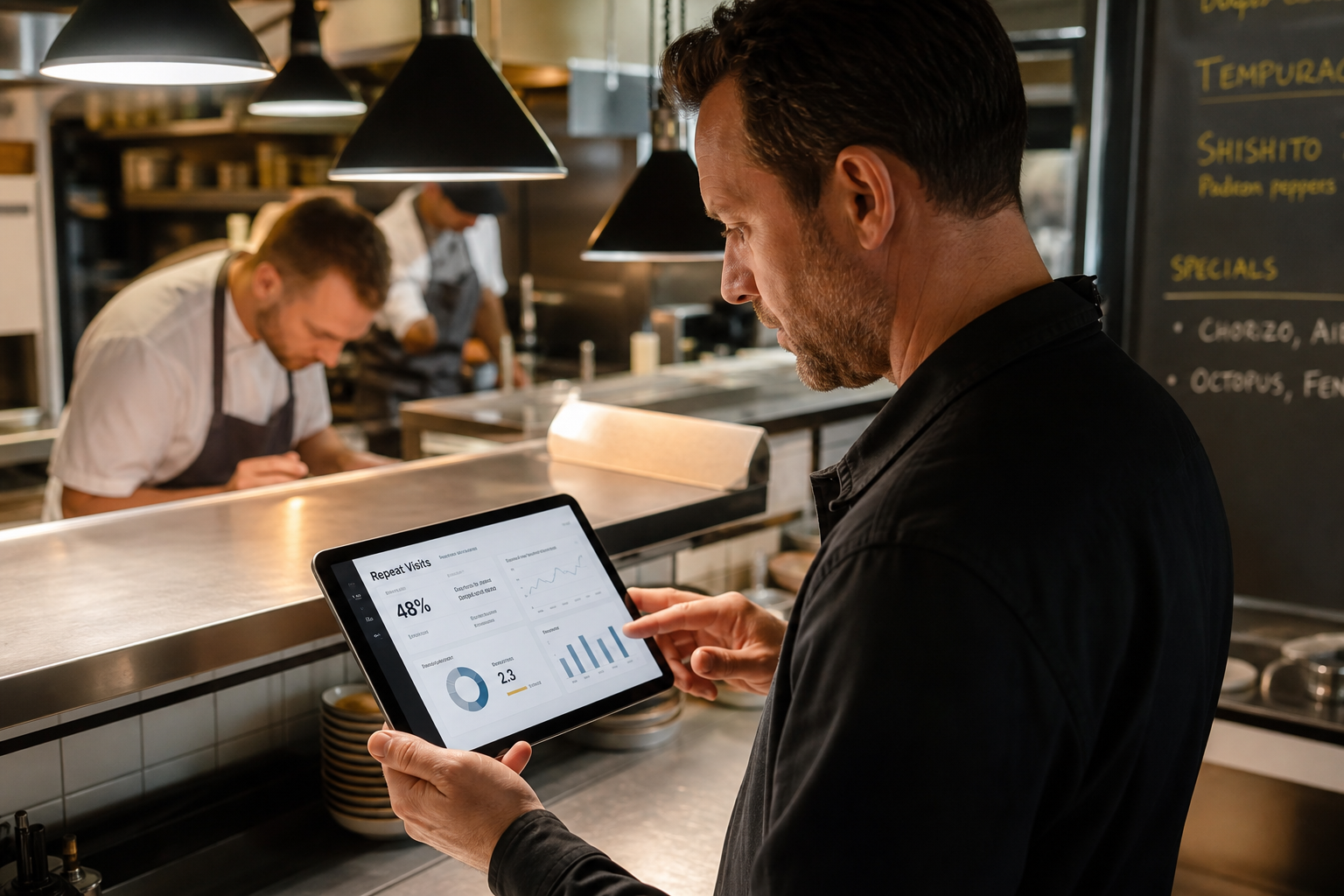 Restaurant manager reviewing repeat visit data on a tablet at a service pass